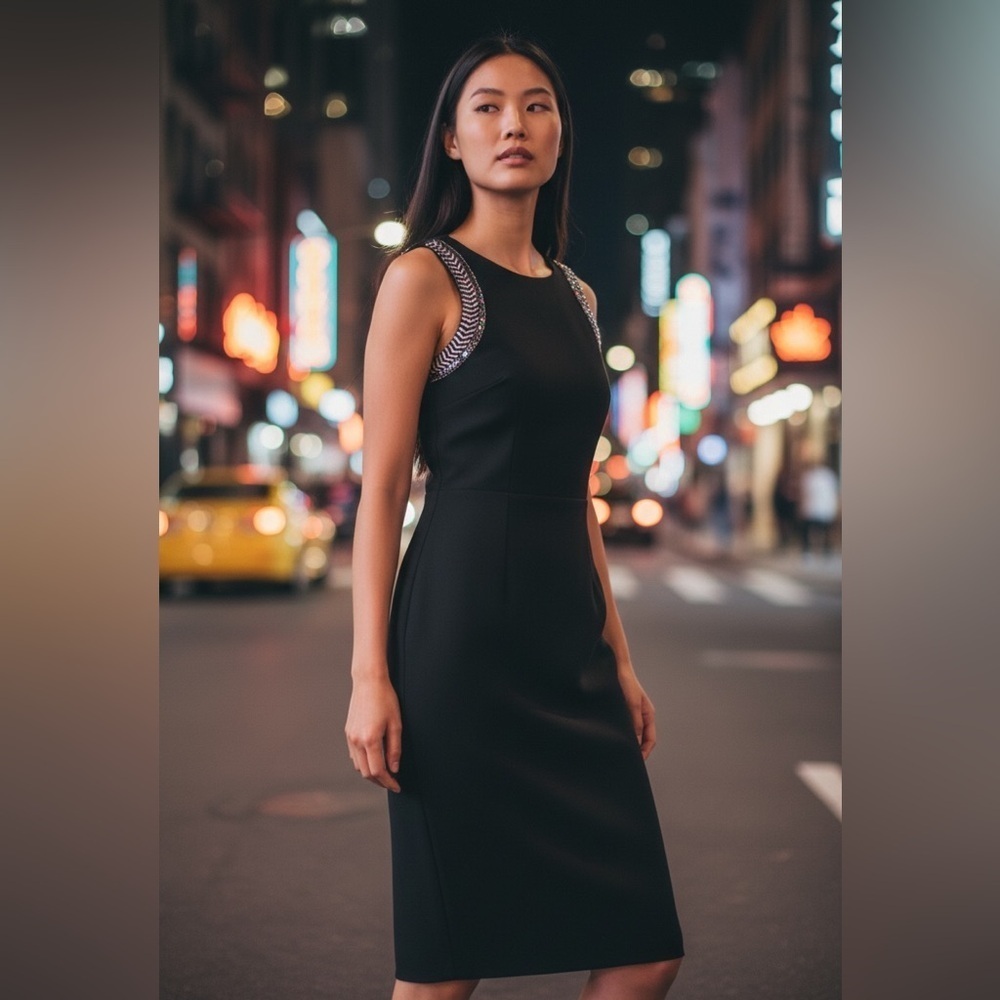 Zara - black tapered dress with accent beaded sleeveless